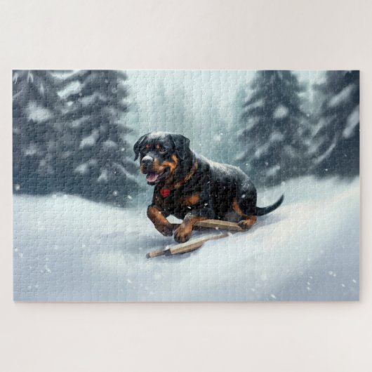Rottweiler Kerstsneeuw winter Sierkussen Legpuzzel (Horizontaal)