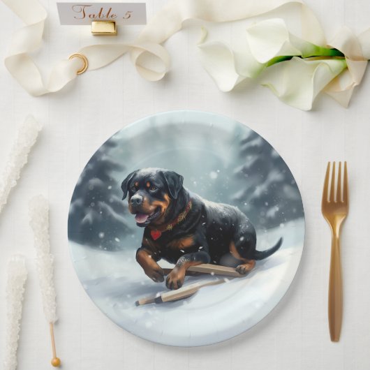 Rottweiler Kerstsneeuw winter Sierkussen Papieren Bordje (Huwelijk)