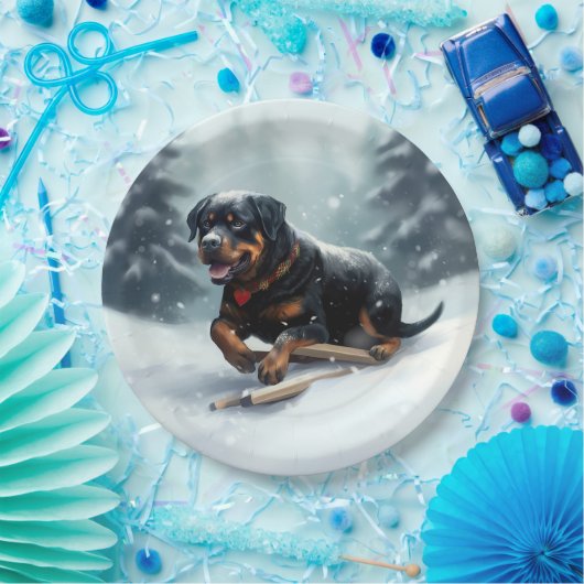 Rottweiler Kerstsneeuw winter Sierkussen Papieren Bordje (Feest)