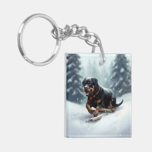 Rottweiler Kerstsneeuw winter Sierkussen Sleutelhanger (Voorkant Links)
