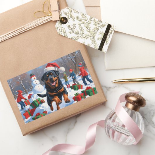 Rottweiler loopt in de sneeuw met kerst Pet Rechthoekige Sticker (Geschenken)