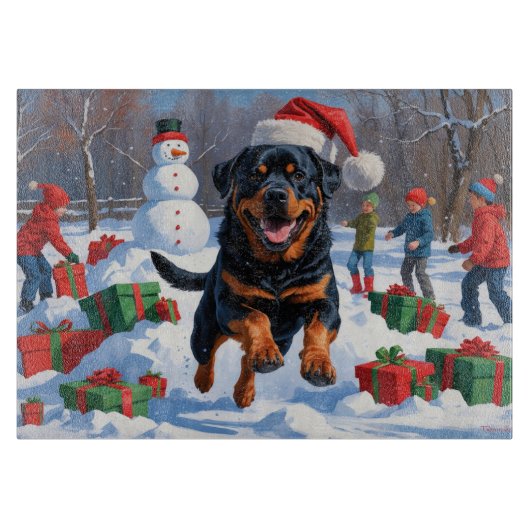 Rottweiler loopt in de sneeuw met kerst Pet Snijplank (Voorkant)