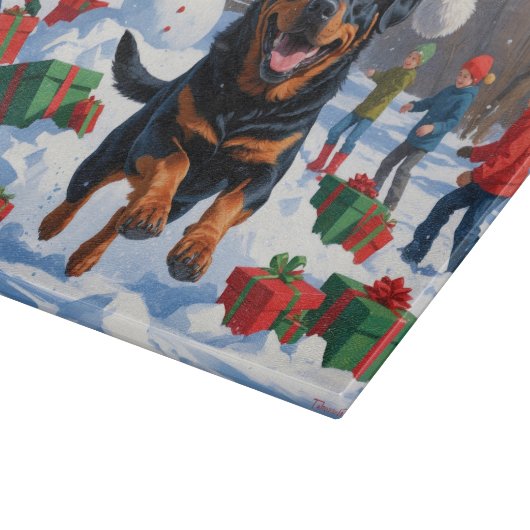 Rottweiler loopt in de sneeuw met kerst Pet Snijplank (Hoek)