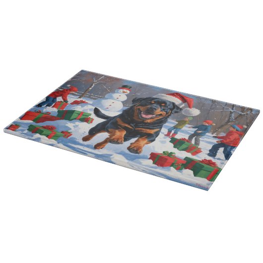 Rottweiler loopt in de sneeuw met kerst Pet Snijplank (Hoek)