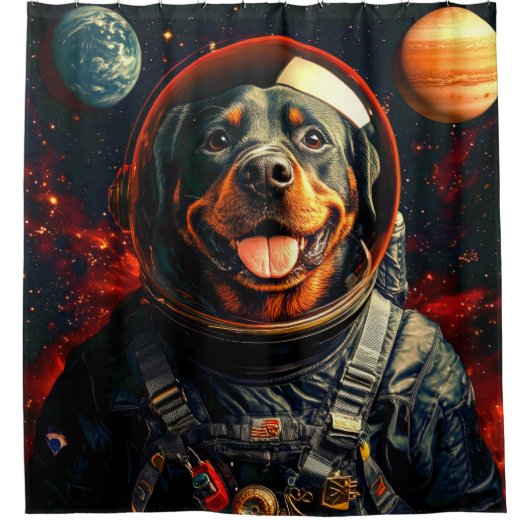 Rottweiler onderzoekt douchegordijn (Voorkant)