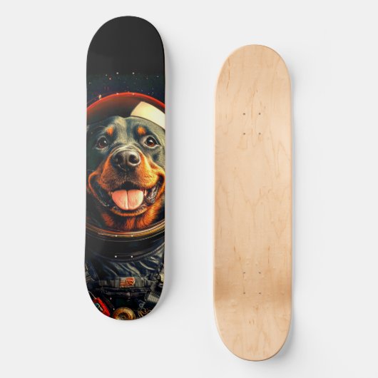 Rottweiler onderzoekt persoonlijk skateboard (Voorkant)