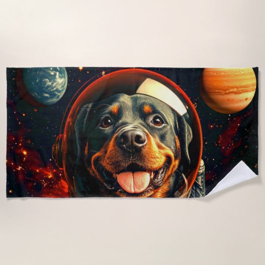 Rottweiler onderzoekt strandlaken (Voorkant)