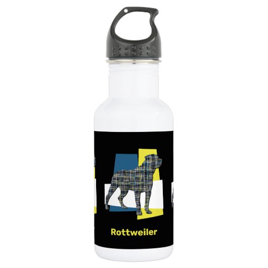Rottweiler Pet Dog Silhouette Yellow & Blue Grid Waterfles (Voorkant)
