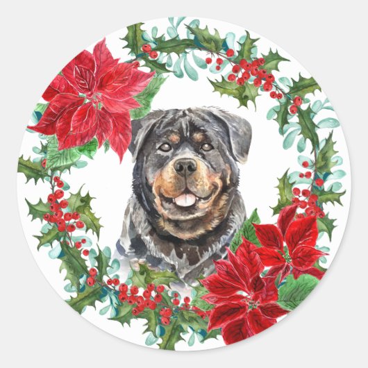 Rottweiler Poinsettia Holly Berry Kerstmis Wreath Ronde Sticker (Voorkant)