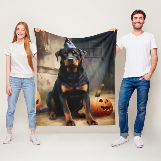 Rottweiler pompoenen Halloween eng Fleece Deken (In situ)