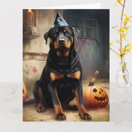 Rottweiler pompoenen Halloween eng Kaart (Gele Bloem)