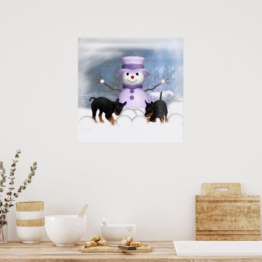 Rottweiler-Puppies die in de sneeuw spelen Poster (Keuken)