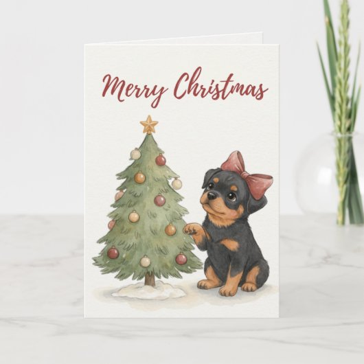 Rottweiler Puppy by Christmas Tree Card Kaart (Voorkant)