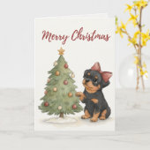 Rottweiler Puppy by Christmas Tree Card Kaart (Gele Bloem)