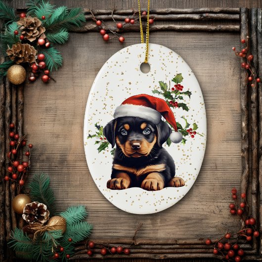 Rottweiler Puppy Christmas Holly Keramisch Ornament