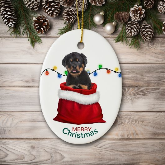 Rottweiler Puppy Dog in Holiday Gift Bag Keramisch Ornament