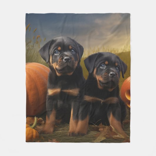 Rottweiler Puppy Herfst Delight Pompoen Fleece Deken (Voorkant)