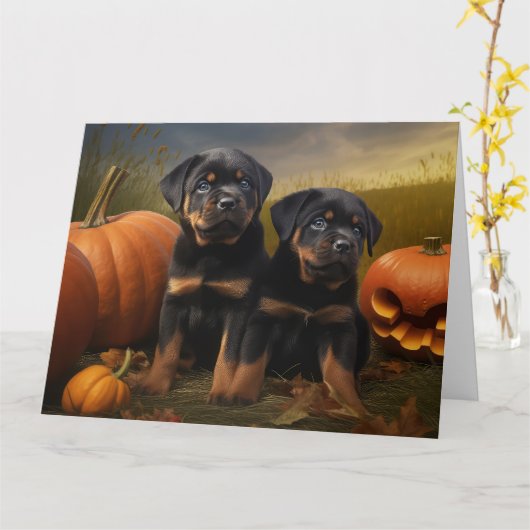 Rottweiler Puppy Herfst Delight Pompoen Kaart (Gele Bloem)