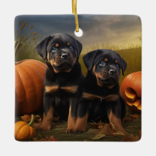 Rottweiler Puppy Herfst Delight Pompoen Keramisch Ornament (Voorkant)