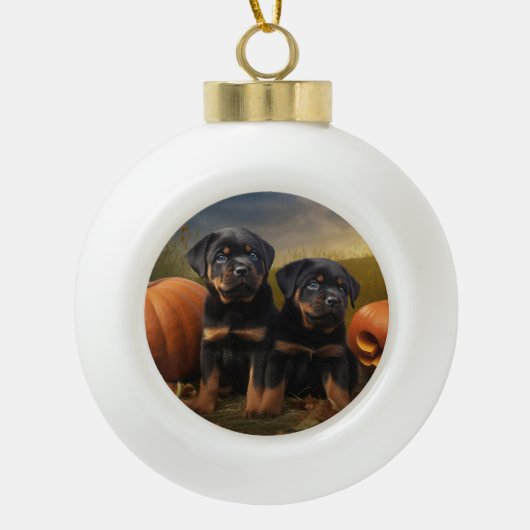 Rottweiler Puppy Herfst Delight Pompoen Keramische Bal Ornament (Voorkant)