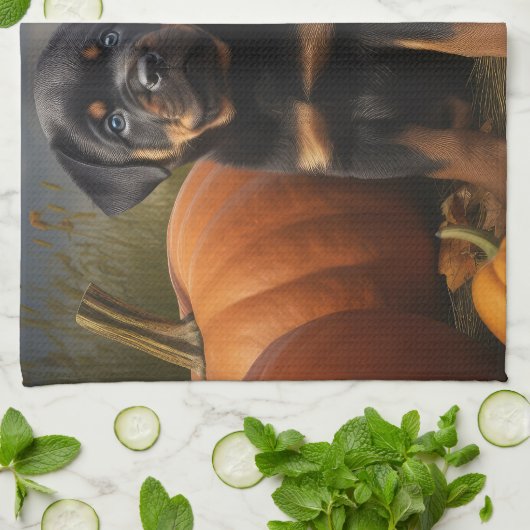 Rottweiler Puppy Herfst Delight Pompoen Theedoek (Gevouwen)