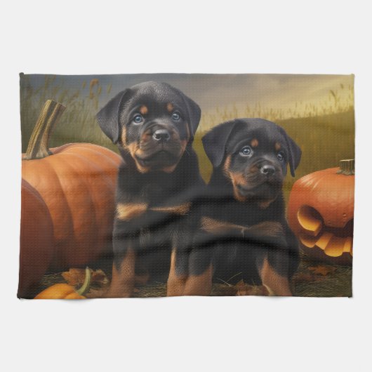Rottweiler Puppy Herfst Delight Pompoen Theedoek (Horizontaal)