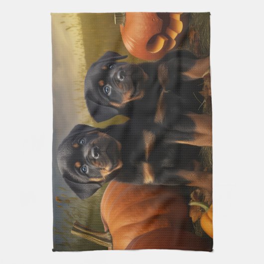 Rottweiler Puppy Herfst Delight Pompoen Theedoek (Verticaal)