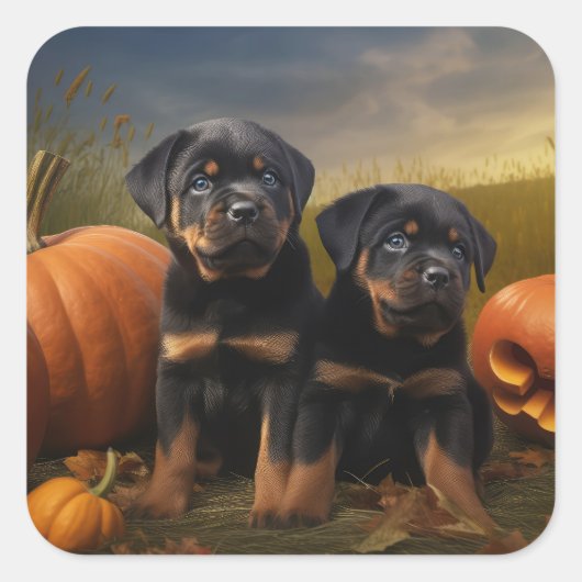 Rottweiler Puppy Herfst Delight Pompoen Vierkante Sticker (Voorkant)