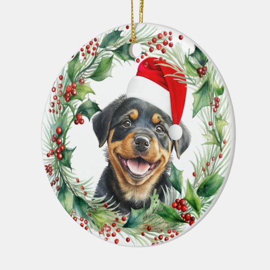 Rottweiler Puppy Holly Krans Kerstmis Keramisch Ornament (Links)