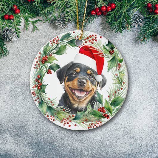 Rottweiler Puppy Holly Krans Kerstmis Keramisch Ornament