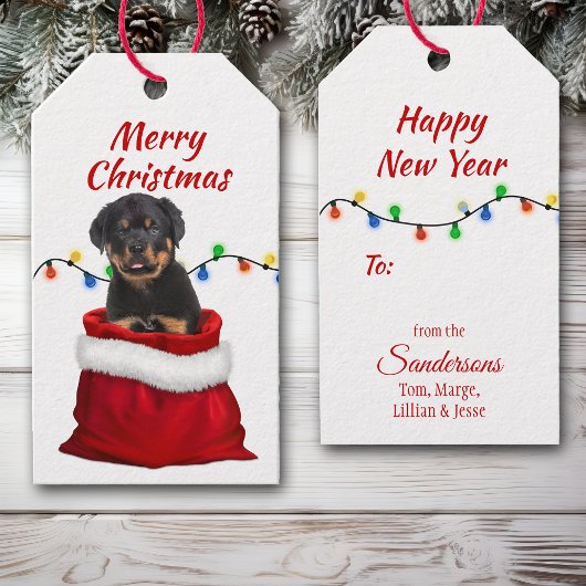 Rottweiler Puppy in Santa Bag Cadeaulabel