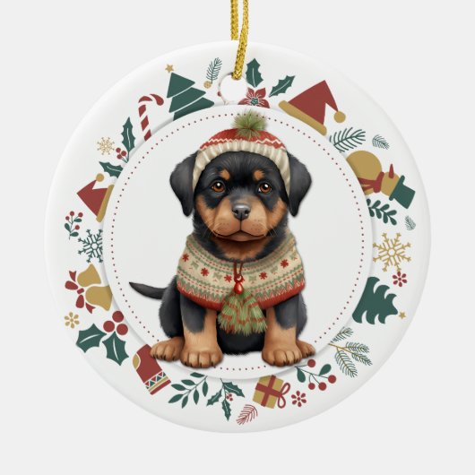 Rottweiler Puppy in Winter Sweater Kerstmis Keramisch Ornament (Voorkant)