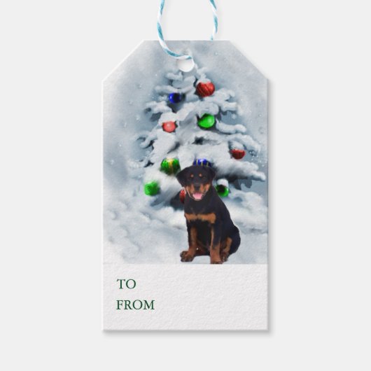Rottweiler Puppy Kerstmis Cadeaulabel (Voorkant)