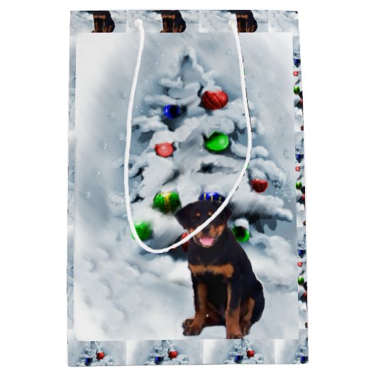 Rottweiler Puppy Kerstmis Medium Cadeauzakje (Voorkant)