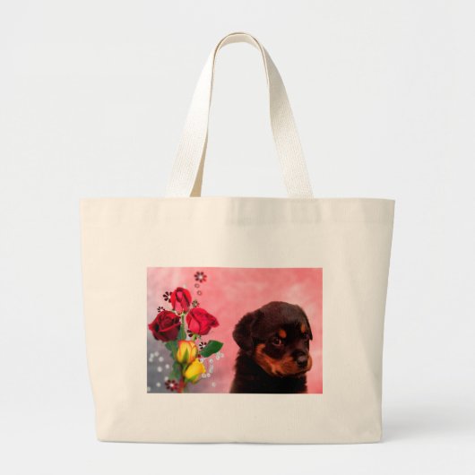 Rottweiler Puppy met Rode en Gele Bloemen Grote Tote Bag (Voorkant)