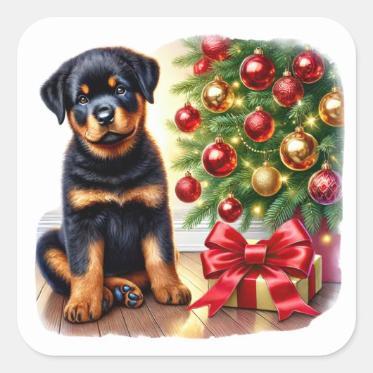 Rottweiler puppy naast een kerstboom vierkante sticker (Voorkant)