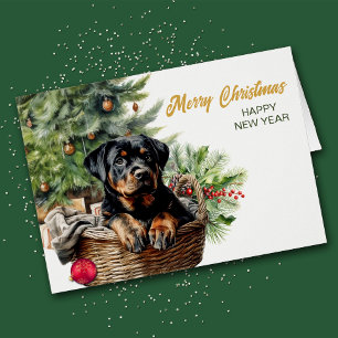 Rottweiler Puppy Rieten Mand Kerstboom