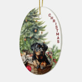 Rottweiler Puppy Rieten Mand Kerstmis Keramisch Ornament (Links)