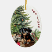 Rottweiler Puppy Rieten Mand Kerstmis Keramisch Ornament (Voorkant)