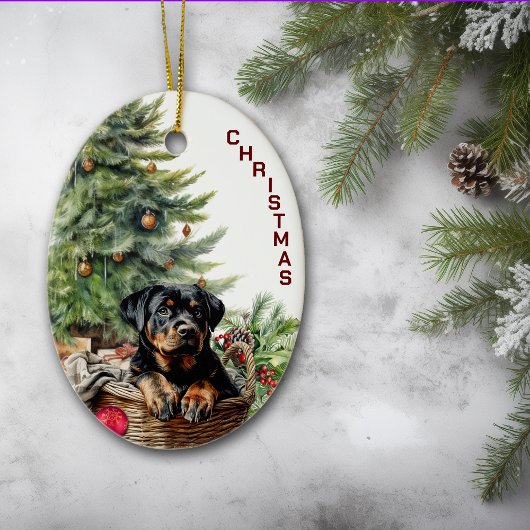 Rottweiler Puppy Rieten Mand Kerstmis Keramisch Ornament