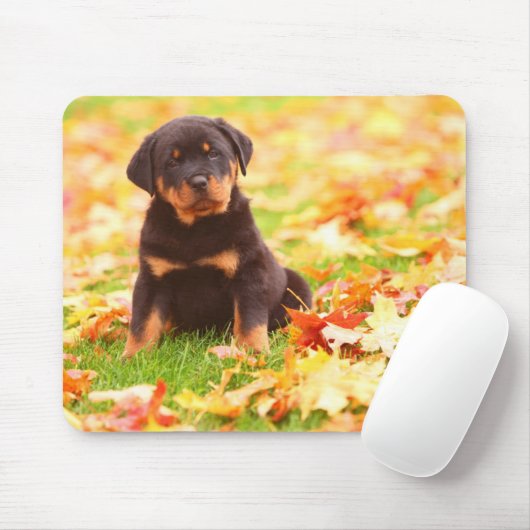 Rottweiler Puppy Sitting in Autumn Leaves Muismat (Met muis)