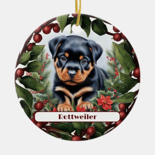Rottweiler Puppy Vakantie Vreugde Aangepaste Kerst Keramisch Ornament (Voorkant)
