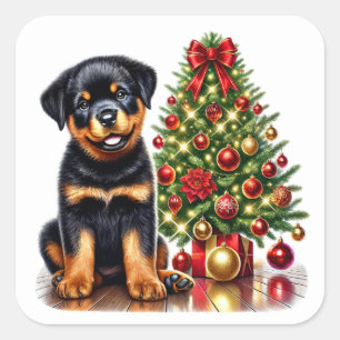 Rottweiler puppy van een kerstboom met cadeaus vierkante sticker