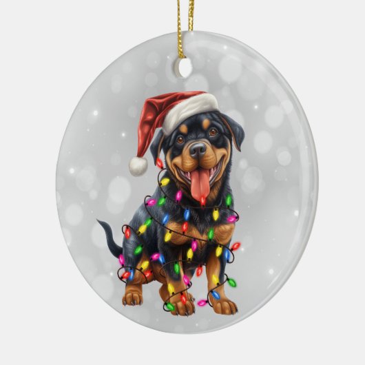 Rottweiler Puppy Verpakt in Kerstverlichting Keramisch Ornament (Links)