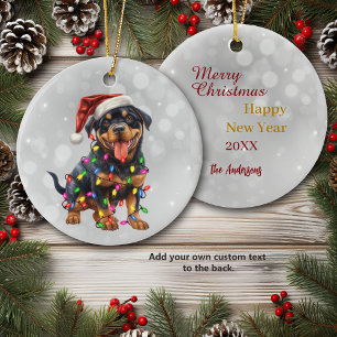 Rottweiler Puppy Verpakt in Kerstverlichting Keramisch Ornament