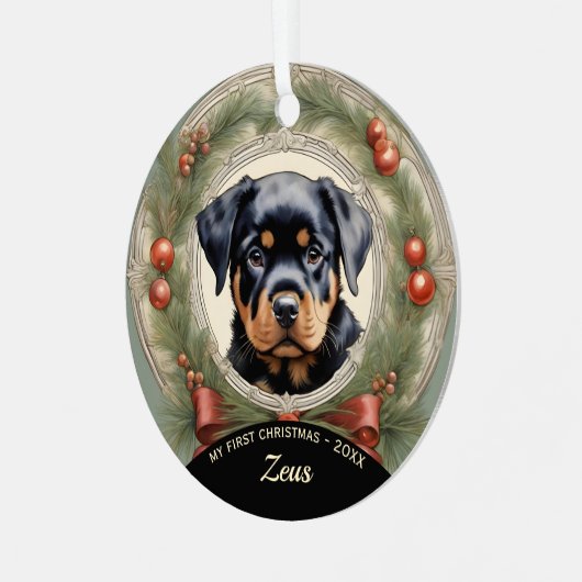 Rottweiler Puppy's Eerste Kerst Ornament (Voorkant links)