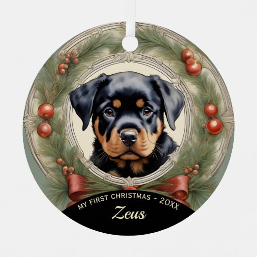 Rottweiler Puppy's Eerste Kerst Ornament (Voorkant)