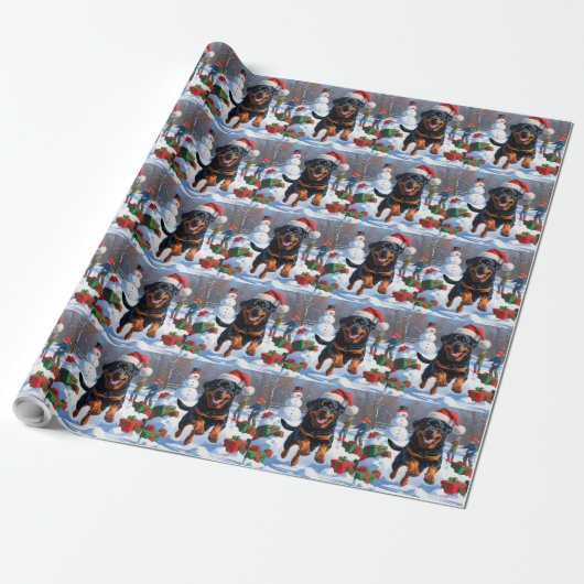 Rottweiler Rent in de Sneeuw met Kerstmuts Cadeaupapier (Uitgerold)