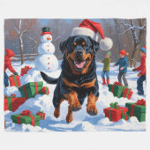 Rottweiler Rent in de Sneeuw met Kerstmuts Fleece Deken (Voorkant (Horizontaal))