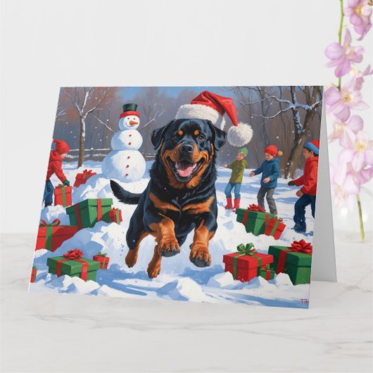Rottweiler Rent in de Sneeuw met Kerstmuts Kaart (Orchidee)